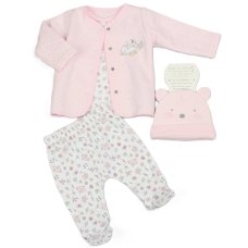 N14728: Baby Pink Floral Bunny 4 Piece Quilted Jacket & Hat Outfit (0-9 Months)